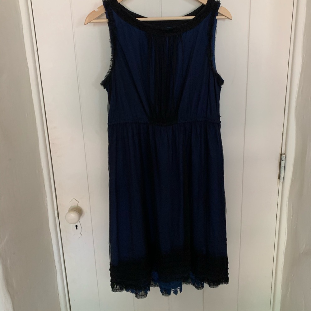 Blue dress with black mesh overlay